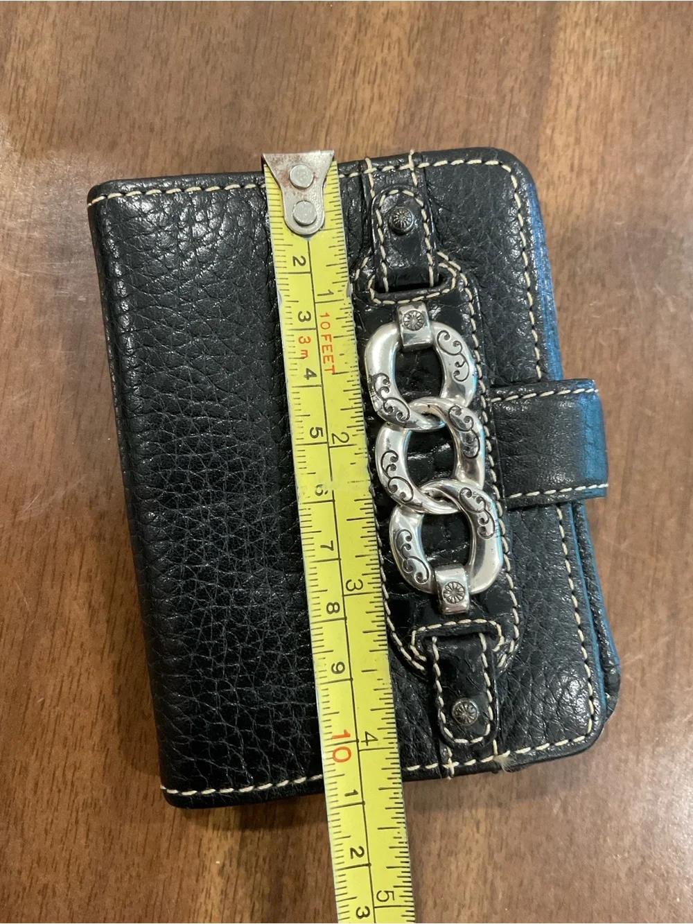 Brighton Black Leather pebble Wallet with Silver Decorative Chain Accent
